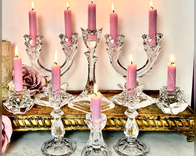 Vintage Crystal Candlesticks Set of 8, Mixed Glass Taper Candle Holders, Wedding Centerpiece