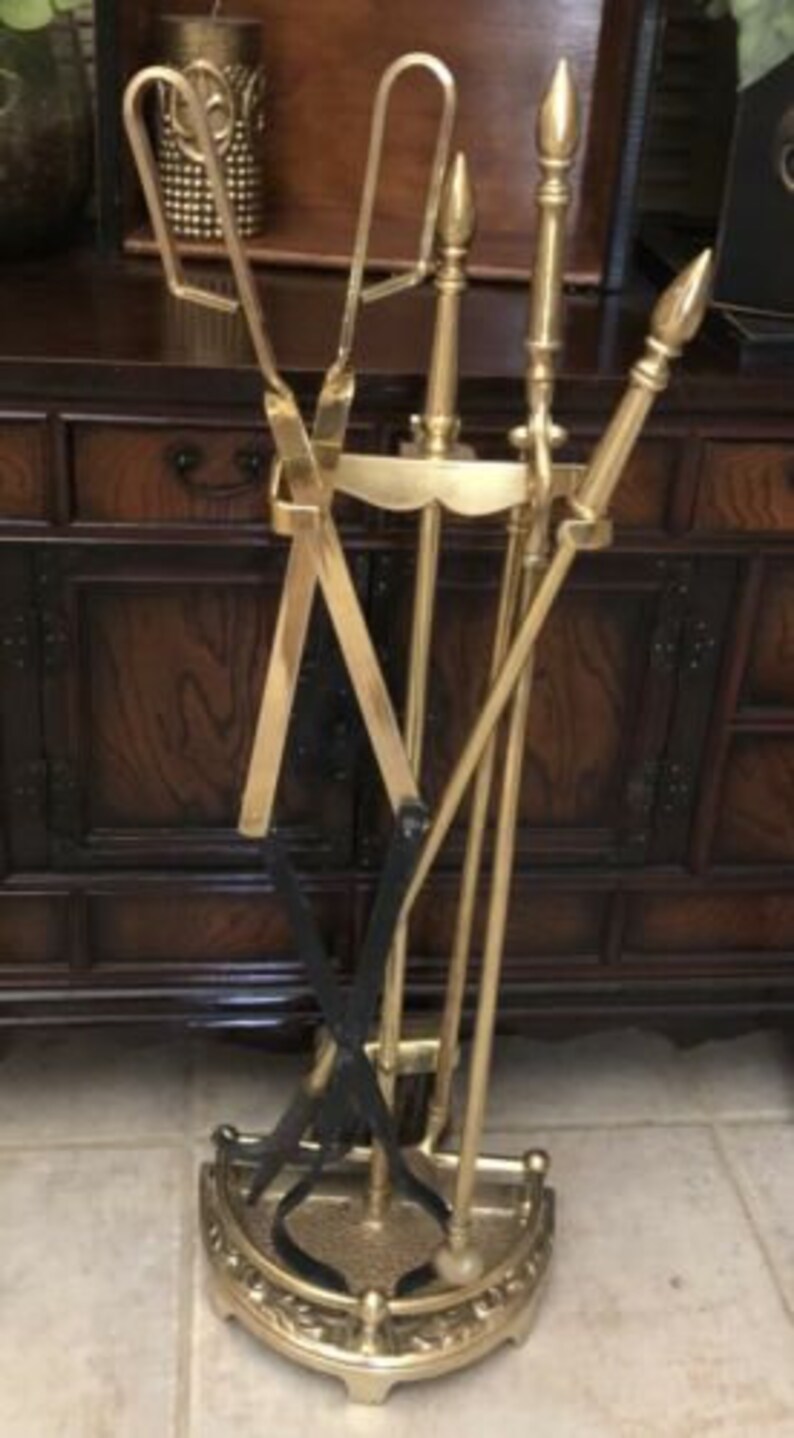 Vintage Brass Fireplace Tool Set & holder Traditional 5 piece Etsy