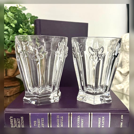 Lenox Butterfly Meadow Bee Double Old Fashioned Glasses / Vintage Butterfly Meadow Pressed Glass Old Fashioned / Lenox Bee Old Fashioned