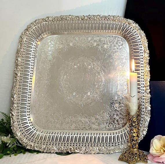 Victorian Silver Plated Serving Tray, Pierced Edge EGW&S, 1900s Tea Platter