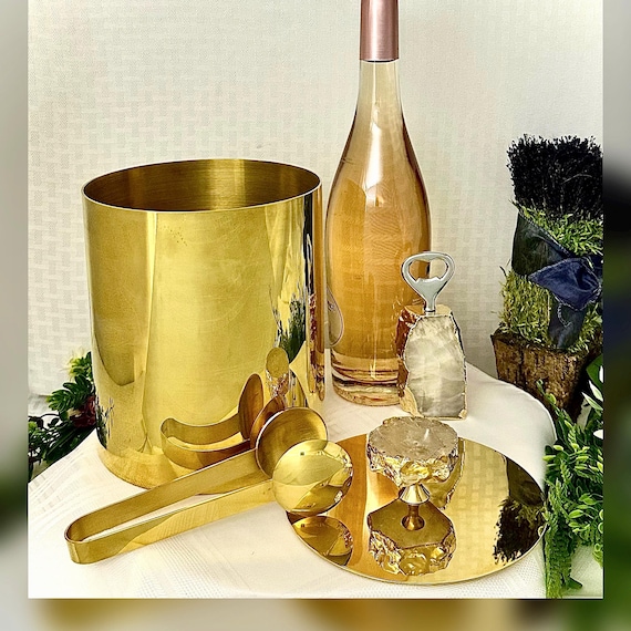 Anna New York Gold-Toned Ice Bucket Set / Crystal Knob Anna Gold Ice Bucket / Vintage Anna New York Ice Bucket & Bottle Opener with Tongs