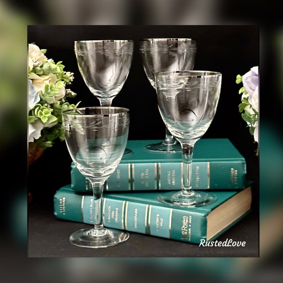 Gorham Crystal Chanson Platinum Wine Glasses / Vintage Gorham Chanson Wine Glasses  / Gorham Chanson Platinum / Silver Rim Wine Glasses - 4
