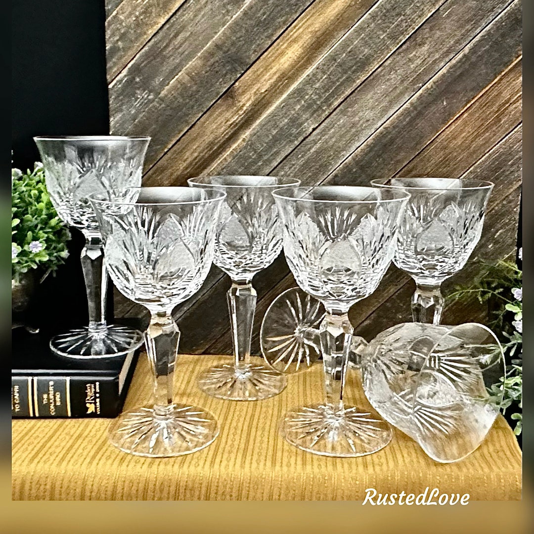 Six Bohemia CRYSTAL Wine Glasses angela Pattern, Vintage Hand