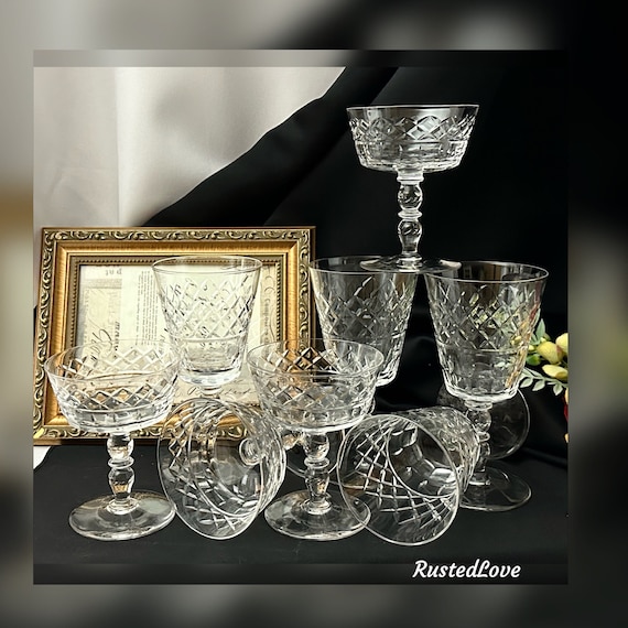 Bryce Clear Cut Glasses / Champagne Coupes and Wine Glasses / Clear Bryce Blown Glass Glassware Set / Vintage Bryce Dessert Cups - 8 Pc Set