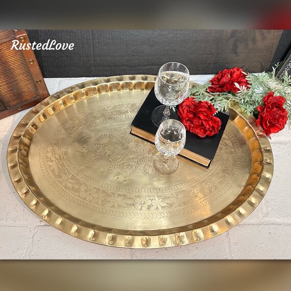 Brass Vintage Tray / Serving Table Tray / Vintage Etched Moroccan Tray / Gold Wall Platter / Wall Hanging Tray / Etched Coffee Table Tray