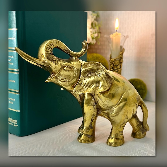 Brass Elephant Figurine / Small African Elephant Brass Statue / Trunks Up "Good Luck" Elephant Statue / Brass Elephant Bookend 5.5"