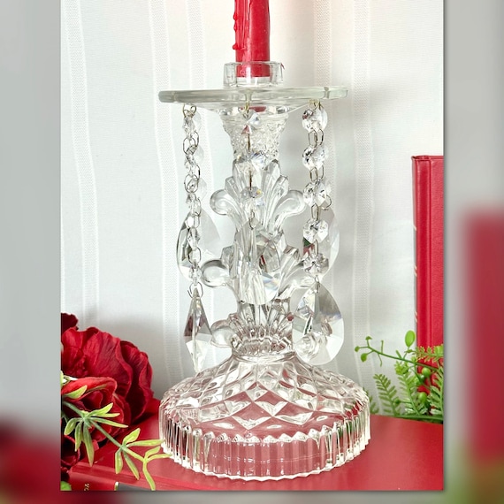 Vintage Glass Candle Holder / Candle Holder with Hanging Crystals / Taper Candlestick Holder / Vintage Glass Candlestick Holder