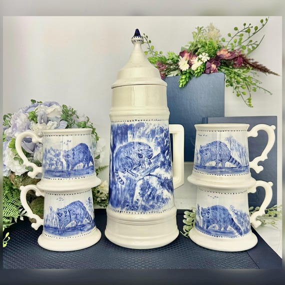 Vintage Beer Stein Set Blue White Raccoon Tankard Jug & 4 Mugs Signed Loma Ewer Hunting Cabin Barware Ceramic Stein Set