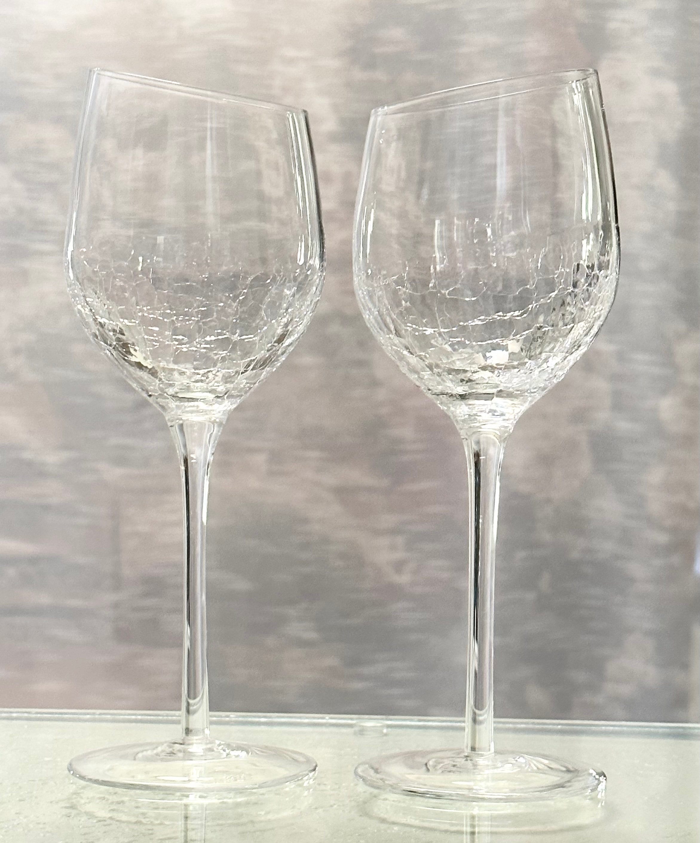 Set Of 2 Pier 1 Clear Crackle Angled Rim Red Wine Glasses Goblets 8 5/8  Slant