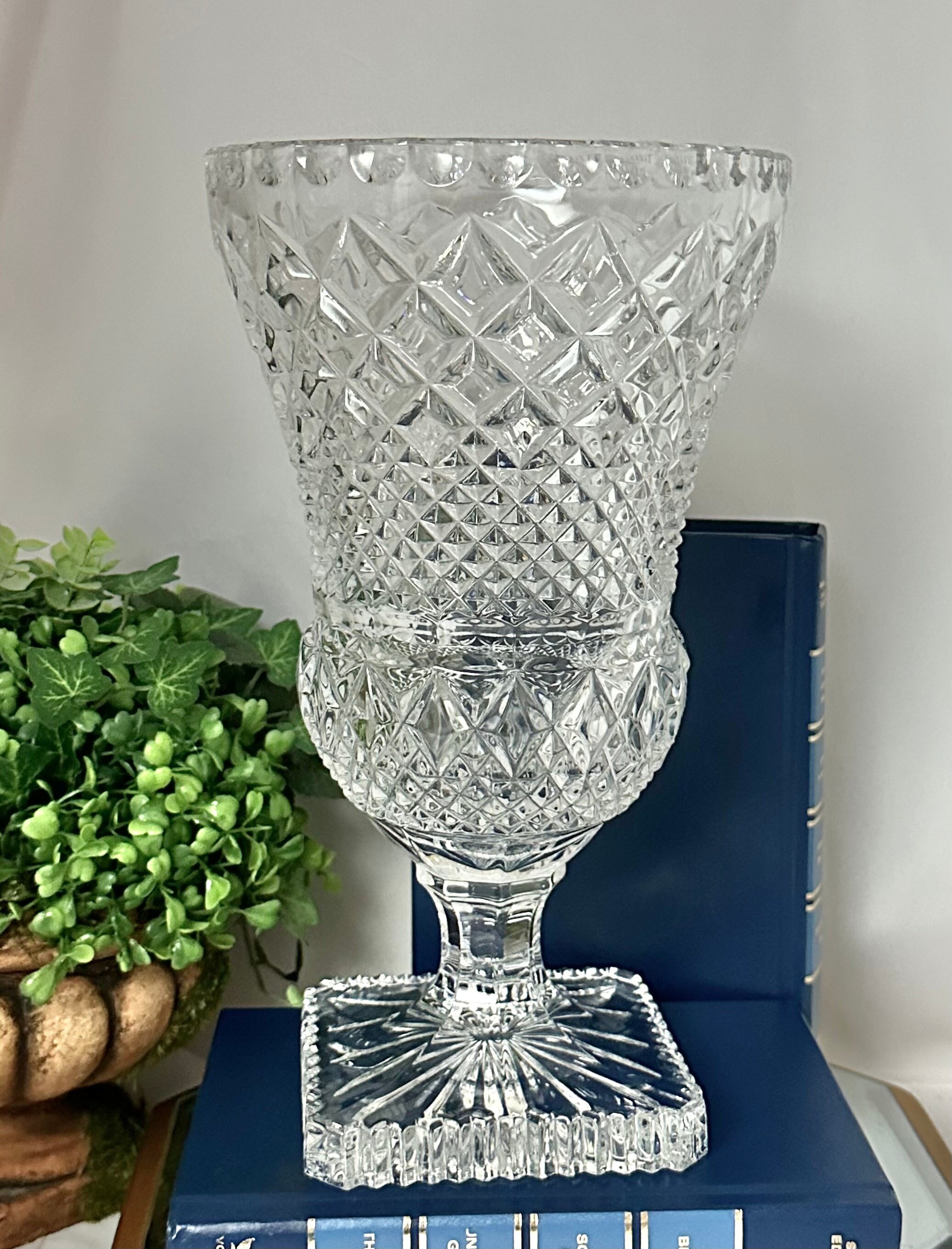 Large Bohemia Pedestal Vase / Vintage Clear Bohemia Vase