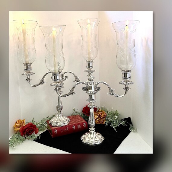 Antique Silver Plated Candelabras / 19th c Federal Candelabras / 13 Colony Hurricanes  / Candle Holders  /  Antique Silverplated Candelabras