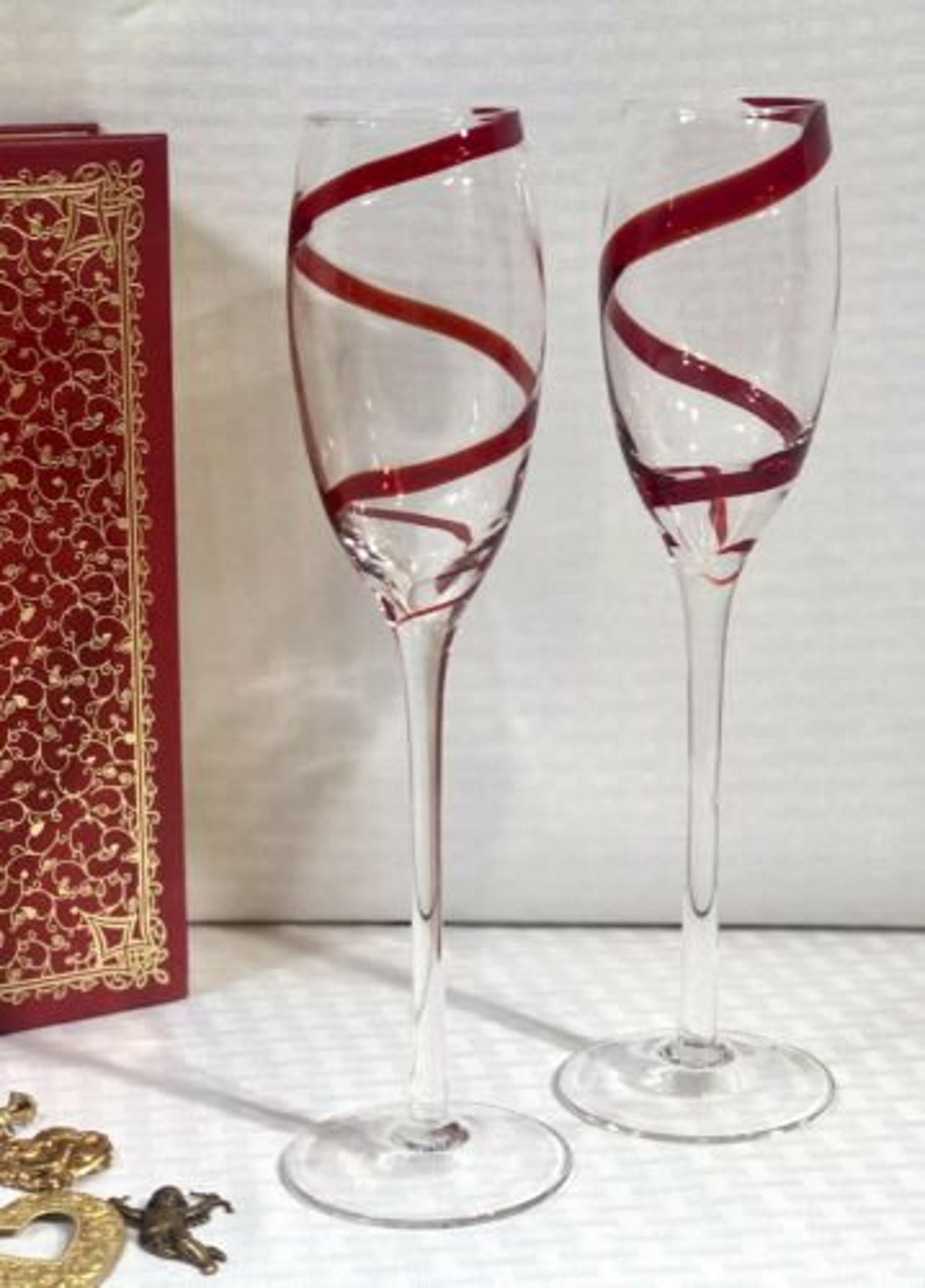 Pier 1 Red Swirline Champagne Flutes Deep Red Ribbon Hand Etsy