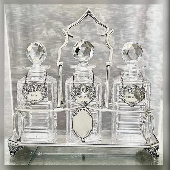 Antique Crystal Decanter Tantalus Set, EPNS Liquor Caddy, Sterling Silver Tags