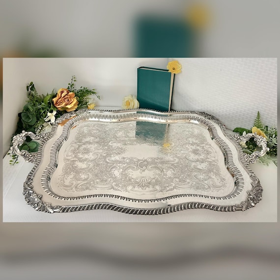 Silver Plated Crown Tea Service Butlers Tray / Crown Vintage Silver Plated ServingTray /  Footed Large Handled Service Tea Service Tray