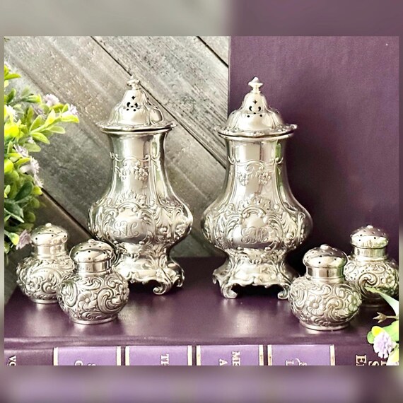 Sterling Silver Salt and Pepper Shakers, Gorham Vintage Repousse Floral Design