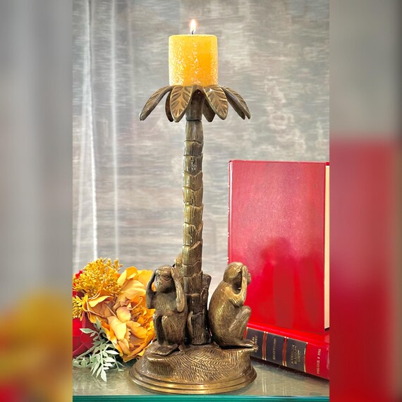 Bronzed Wise Monkeys Statue / Monkey See, Speak, Hear No Evil Figure / Brass Palm Tree Candle Holder / Monkey Bronze Statue / Home Decor