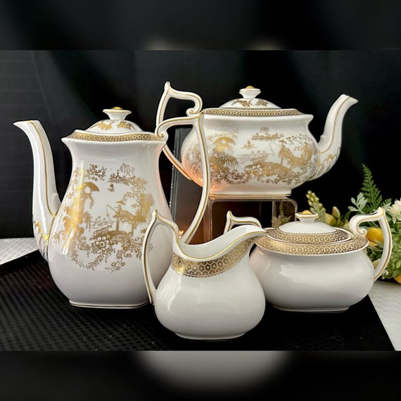 Spode's Garden by Spode Tea Pot and Coffee Service / Spode's Garden Tea Pot / Spode Honeycomb Creamer & Sugar with Lid / Vintage Spode 7 Pcs