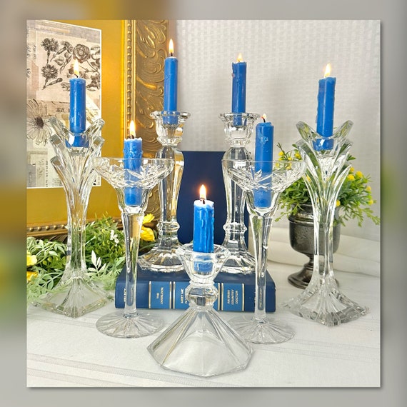 Crystal Candle Holders / Vintage Crystal Clear Candle Sticks / Wedding Centerpiece Candlesticks / Centerpiece 7 Piece Candlestick Set