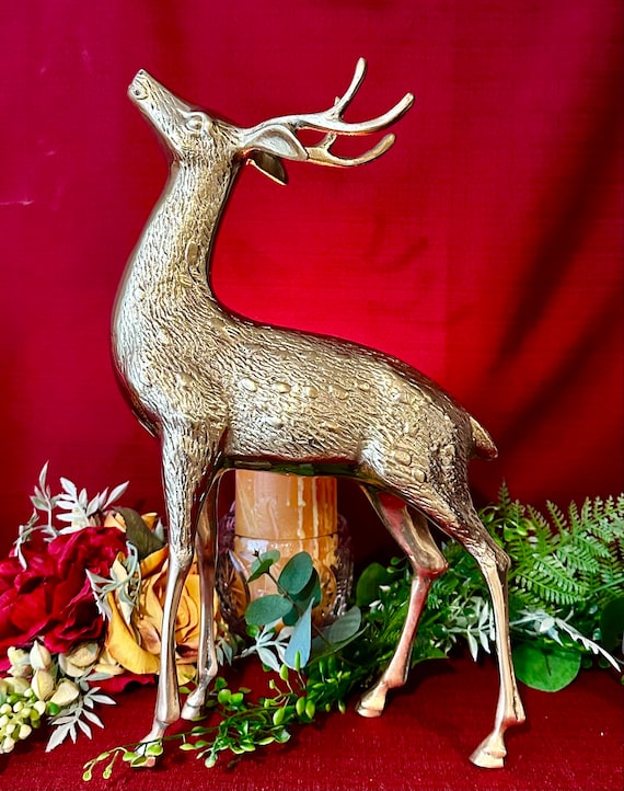 Brass Christmas Reindeer / MCM Gold Brass Deer / Christmas Holiday Reindeer  / Vintage Brass Deer / Brass Reindeer Statue / Brass Deer Figure 
