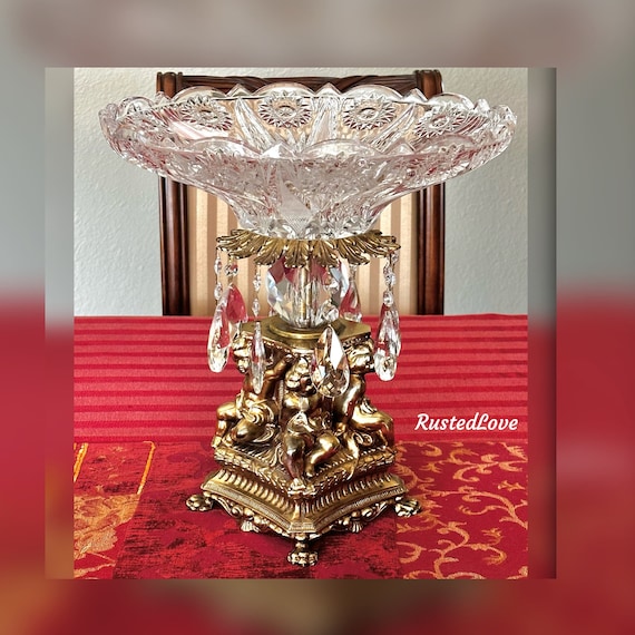 Baroque Centerpiece Bowl /  Cherub Bowl with Hanging Crystals / Vintage BMW Gold Flower Vase / Cast Metal Centerpiece Bowl / Crystal Bowl
