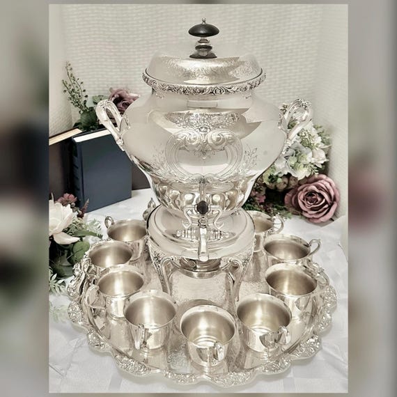 Silver Plate Coffee Urn Set Tray Cups Vintage Beverage Silverplate Set
