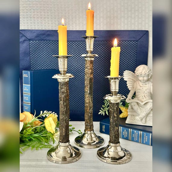Vintage Silver Plated Candle Holders / Silver Plate and Wood Vintage Candle Holders / Modern Rustic Wood & Silver Nordstrom Candle Sticks  3