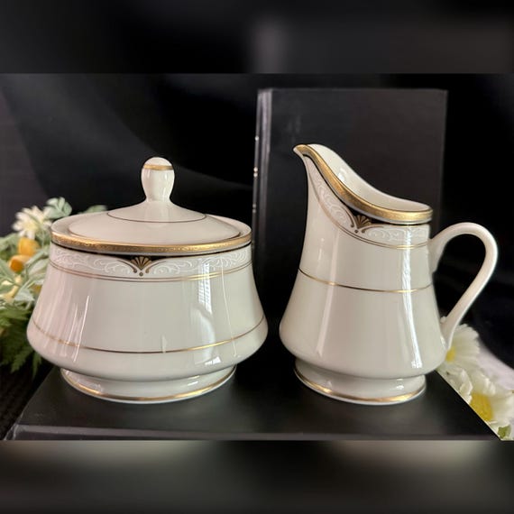 Mikasa Golden Shell Cream &  Sugar Bowl / Mikasa Golden Shell Serving Pieces / Mikasa  Ivory, Black, Blue and White Scrolls Serving Pieces