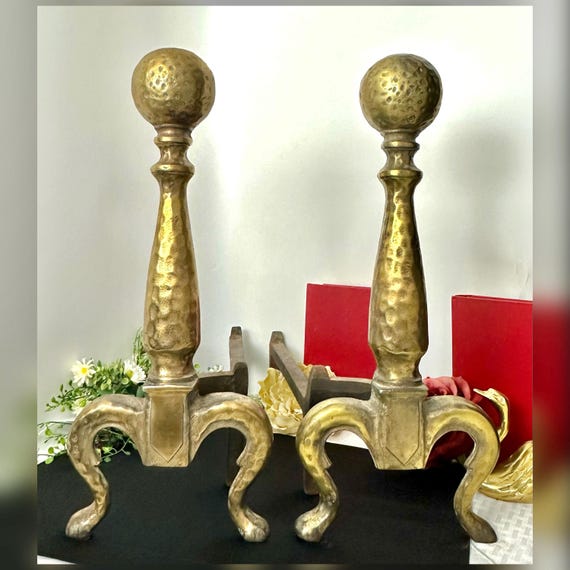 Vintage Solid Brass Andirons 17" Colonial Revival Cannon Ball Final Fire Dogs