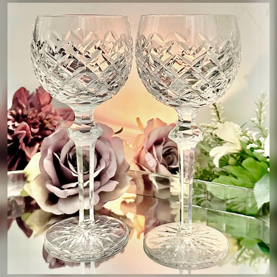 Waterford Powerscourt Wine Hock Glasses Pair Vintage Irish Crystal Stemware