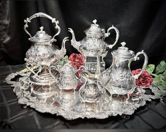 Antique Silver Plated Tea Set / Turton Vintage Tea Set / Hand Chased Tea & Coffee Set / Tilting Tea Pot / Circa 19th  / Tea and Coffee Set /