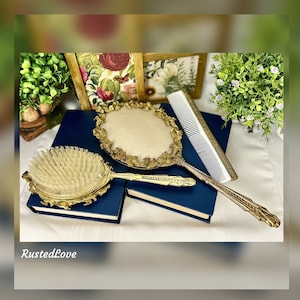 Vintage Gold Brush , Comb, Mirror Gilt Metal Dresser Set / Vintage Ornate Design Hand Held Mirror / Victorian Styled Brush and Mirror Set