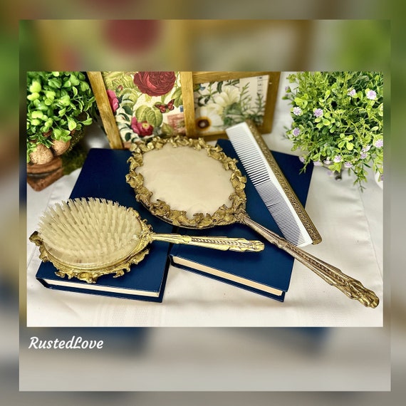 Vintage Gold Brush , Comb, Mirror Gilt Metal Dresser Set / Vintage Ornate Design Hand Held Mirror / Victorian Styled Brush and Mirror Set