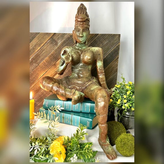 Vintage Parvati Goddess Statue Handmade Ceramic Clay Shelf Sculpture India