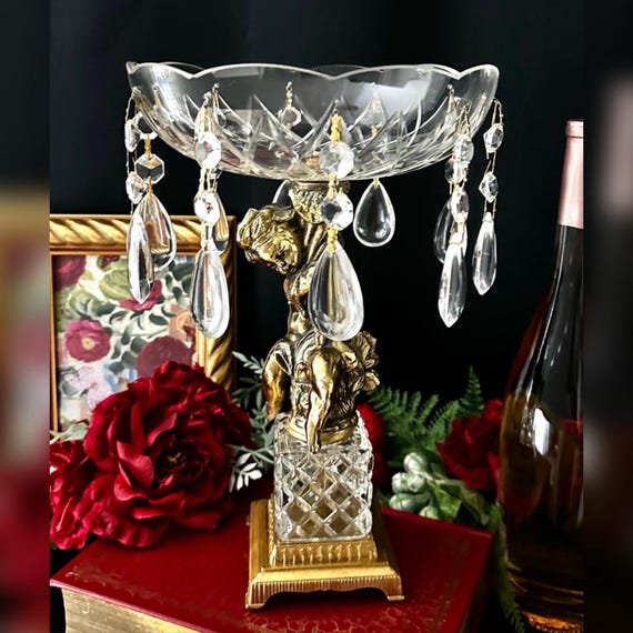 Glass Centerpiece Bowl Gilt Cherub with Hanging Crystals / Vintage Victorian Centerpiece Bowl / Centerpiece Cherub Glass Bowl with Crystals