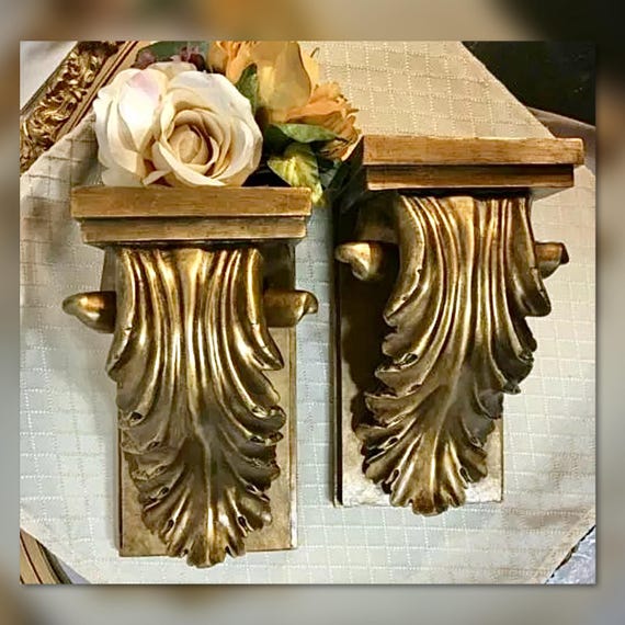 Decorative Corbels / Gold Wall Shelves /Vintage Gold “wood” Composite Corbels / Victorian Wall Shelves / Gold Decorative Pair Wall Corbels