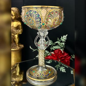 Fritz Heckert Antique Hand Blown Chalice / Heckert Enameled and