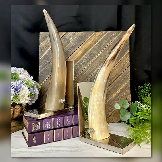 Horn and Metal Book Ends / Horn Statues by Jonh Richard / Natural Horn Bookends with Silver / Modern Horn Bookends / John Richards Book Ends