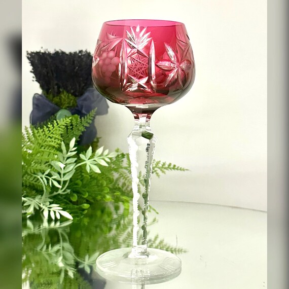 Cranberry Red Cut to Clear Hock Wine Glass / Imperial Crystal Bohemian Wine Glass / Crandberry Red Hock Wine Glass / Imperial Crystal Glass