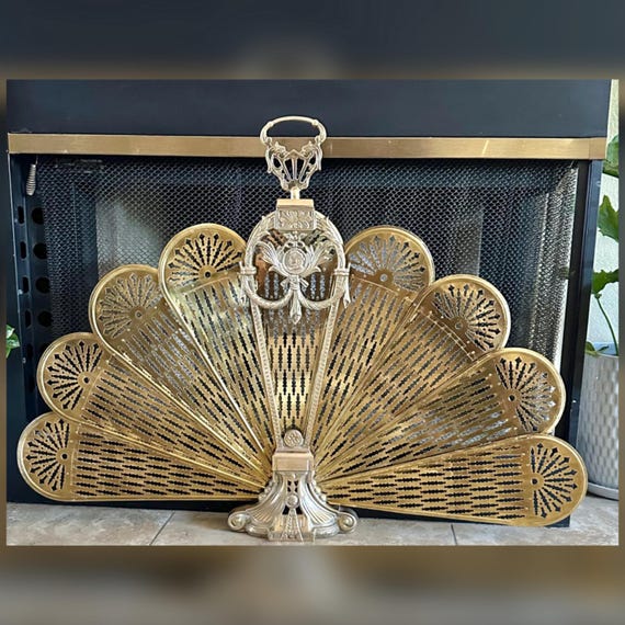 Folding Fireplace Screen / Vintage Brass Peacock Cameo Screen / Victorian Styled Fireplace Screen / Cameo Peacock Folding Fireplace Screen