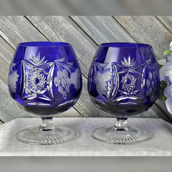 Nachtmann Traube Crystal Cobalt Blue Brandy Glasses / Traube Cognac Cut to Clear German Brandy Glasses / Nachtmann Blue Cut to Clear Brandy