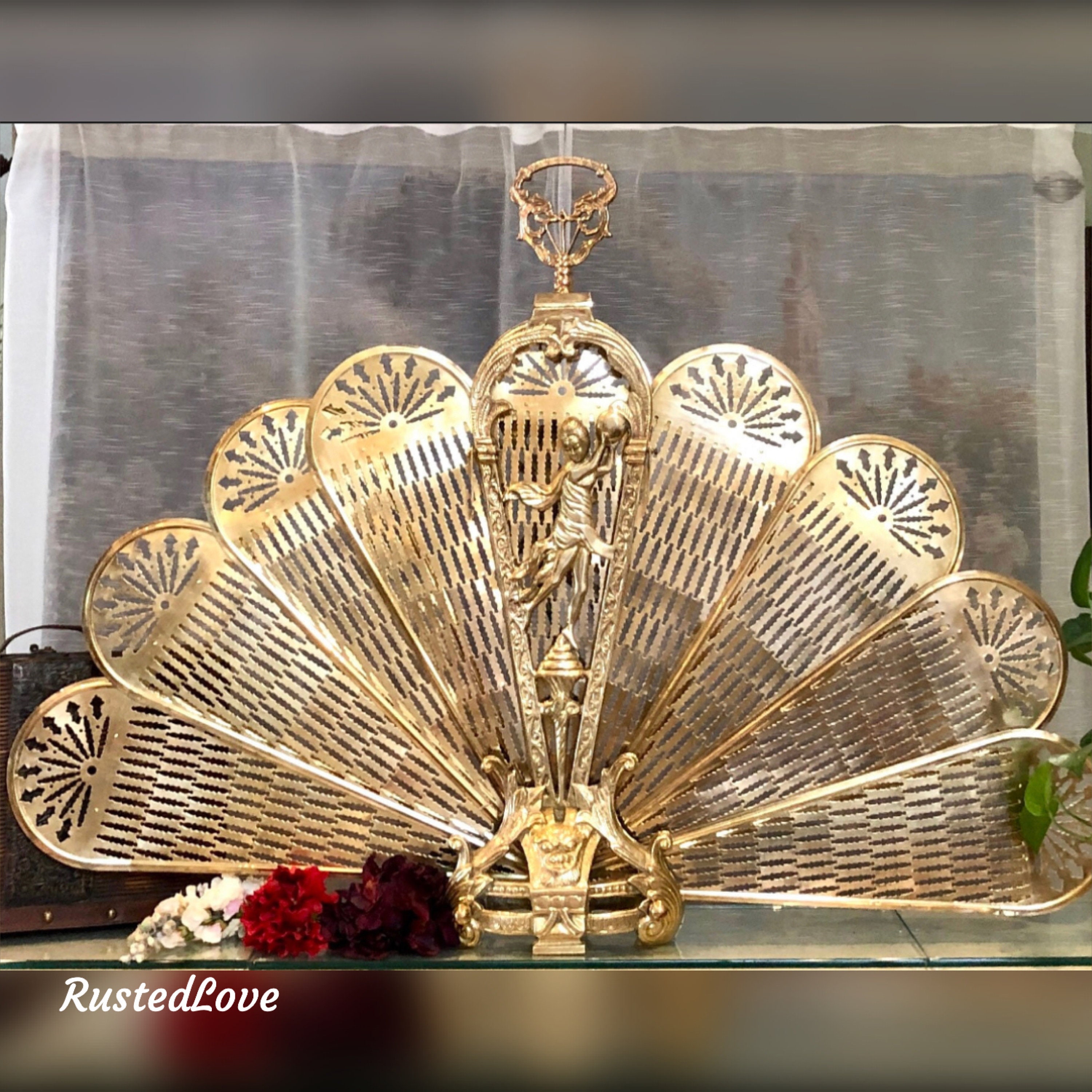 Fireplace Victorian Brass Peacock Screen / Vintage Decorative