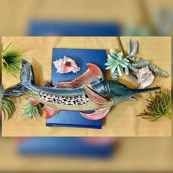 Vintage Ceramic Swordfish Wall Hanging Hand Painted Coastal Beach Decor