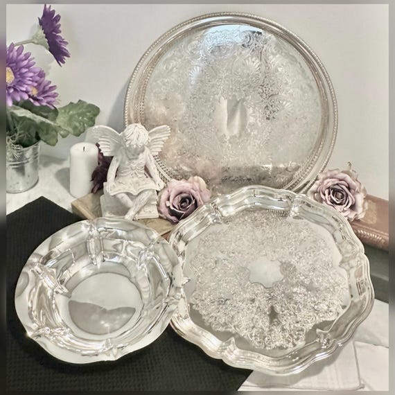 Vintage Silver Plated Trays Set of 3 Serving Centerpiece Decorative Pieces