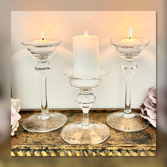 Mixed Crystal Candle Holders Set of 3 Glass Candlesticks Wedding Centerpiece