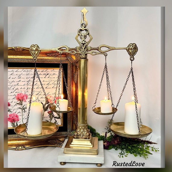 Vintage Justice Scale / Scales of Justice / Vintage Brass and Marble Scale / Large Decorative Scale / Rare 4 Pan Decorative Brass Scale