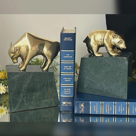 MCM Bull & Bear Book Ends / Stock Market MCM Brass and Marble Wall Street Bookends / Brass Bear and Bull Book Ends / Stock Market Bookends