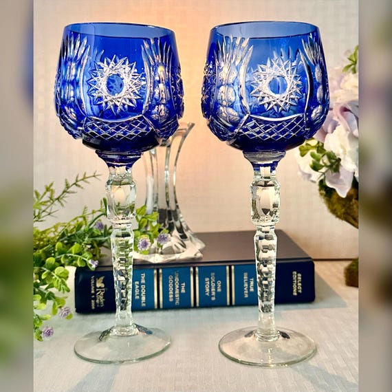 Cobalt Blue Bohemian Wine Glasses / Blue Cut to Clear Bohemian Wine Goblets / Vintage Blue Cut Wine Glasses / Vintage Bohemian Blue Glasses
