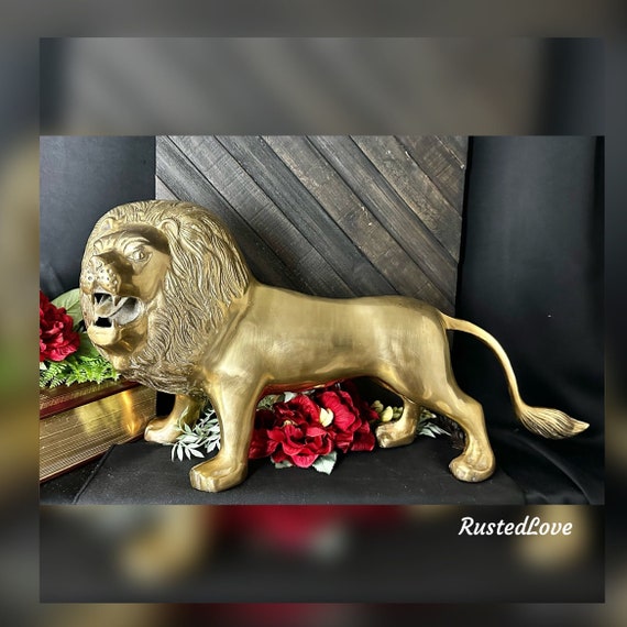 Solid Brass Lion Figurine / Roaring Lion Statue / 23" African Lion Statue / Brass Polished 13" Lion / Decorative Statue