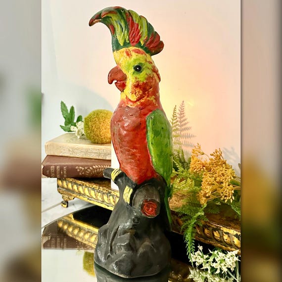 Antique Cast Iron Parrot Doorstop Painted Cockatoo Bird Door Stop 14" Home Decor