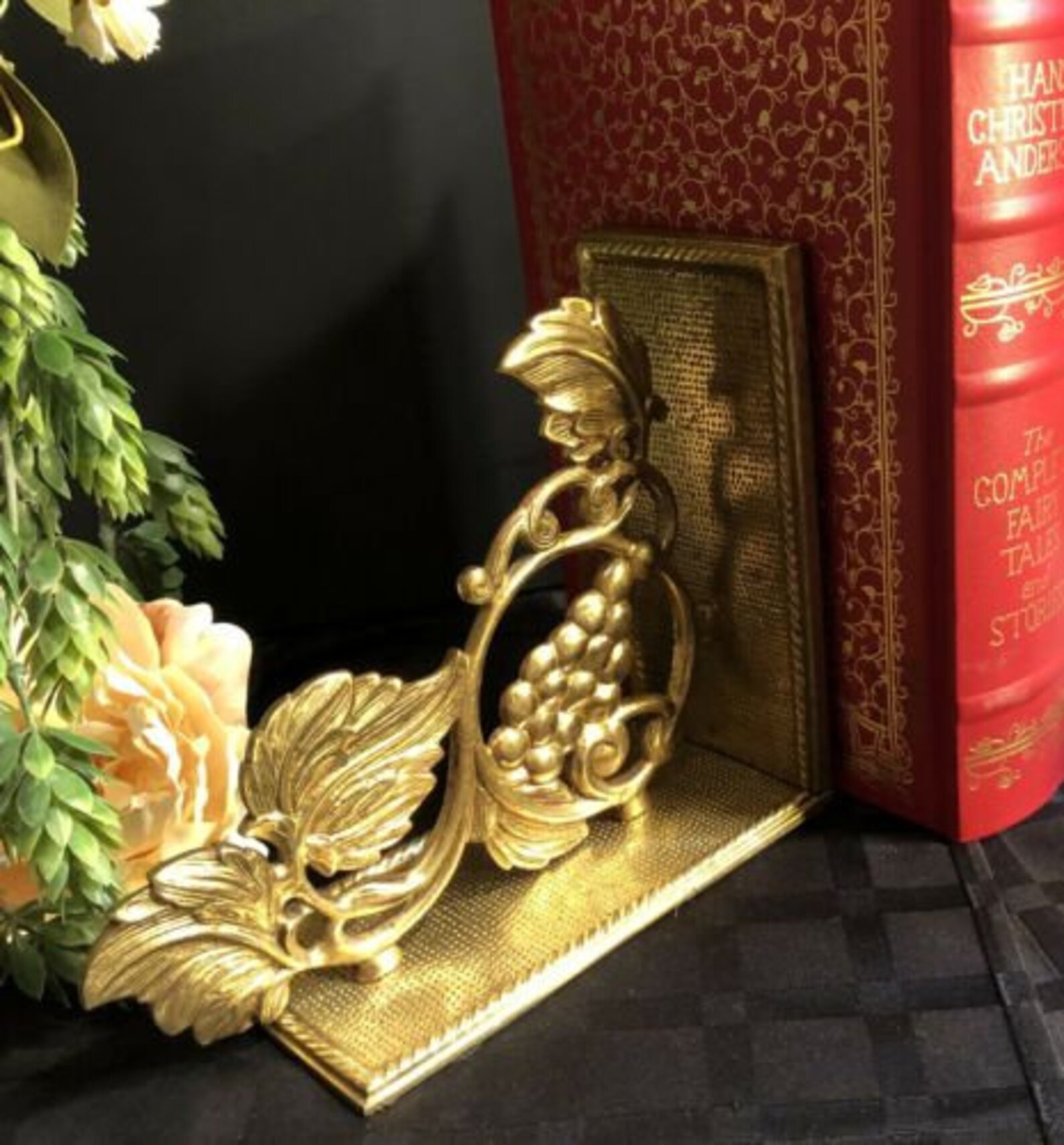 Vintage BRASS Bookend Victorian floral solid Leaves and Grapes Etsy